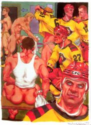 hockey_jersey locker_room ass muscular nipples abs balls penis flaccid pubic_hair light_skin michael_kirwan original gay yaoi tagme traditional_art male male_only bulge jockstrap white_jockstrap yellow_jockstrap buzz_cut brown_hair blonde_hair blue_eyes tank_top dated 1992 8boys 6+boys multiple_boys