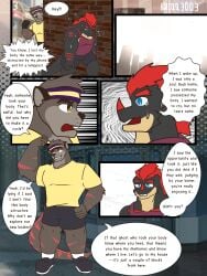 3:4 absurd_res accessory anthro bottomwear brown_body brown_fur clothing dragon emmanuelin_(emmanuelin13) english_text erection erection_under_clothing fur hair headband hi_res luey_(emmanuelin13) male mammal multicolored_body mustelid mythological_creature mythological_scalie mythology otter overweight overweight_anthro overweight_male possession red_hair red_spikes red_tattoo scalie shirt shorts tank_top tattoo text topwear