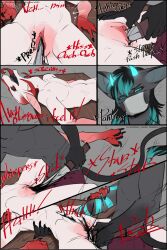 anthro arm_tattoo black_blood black_hair black_hands black_nails blood blue_eyes blue_hair blue_horn bodily_fluids colored_blood colored_nails comic duo feet femboy furniture gore gore_focus hair hi_res horn intersex intersex/male knife knife_in_pussy knife_play lizard long_ears male mask nails nonbinary_(lore) on_table red_eyes red_feet red_hands red_horn reptile satisfied scalie skwerna skwerna_timido speech_bubble succubus table tattoo tongue touching_chest unusual_blood unusual_bodily_fluids wearing_mask