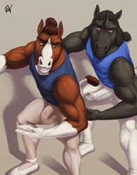 2017 5_fingers anthro ballet ballet_slippers biceps biped black_fur black_hair black_horn blue_clothing blue_shirt blue_topwear brown_fur brown_hair brown_tail bulge clayton_haniger clothed clothing digital_media_(artwork) duo equine erection erection_under_clothes eyebrows facial_hair footwear fully_clothed fur goatee green_eyes grey_background hair hair_bun hi_res high-angle_view horn horse humanoid_hands male male_only mammal multicolored_fur muscular muscular_male nervous pants penis_outline plantigrade ponytail red_eyes ricky_kugler rov shirt signature simple_background snout standing sweat tail_wraps tank_top tenting tight_clothing two_tone_fur unicorn unicorn_horn unwanted_erection white_bottomwear white_clothing white_footwear white_fur white_pants wraps