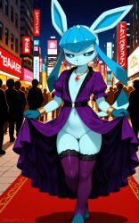 2026 ai_generated anthro blue_eyes blue_fur bracelet city crowd digitigrade dress dress_lift eeveelution fancy_clothing female female_only flat_chest generation_4_pokemon glaceon gold_jewelry half-closed_eyes hi_res innie_pussy jewelry necklace night nintendo no_panties pokemon pokemon_(species) pussy red_carpet thighhighs unamused walking zonoya_(artist)