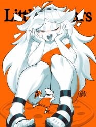 1boy 1girls big_cleopatra breasts character_censor cleavage food little_caesar little_caesars long_hair mascot one_eye_closed orange_background orange_dress orange_theme pizza sandals shoes sitting size_difference sleakj3 tagme thick_thighs toga white_hair white_skin