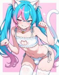 1boy ai_generated bare_shoulders bell_collar blue_eyes blue_hair bra bulge bulge_through_clothing bulge_under_clothes cat_ears cat_lingerie cat_tail choker collar crossdressing femboy heterochromia looking_at_viewer male male_focus male_only midriff multicolored_hair navel oerba_yun_fang otoko_no_ko panties paw_pose penis_under_clothes pink_eyes pink_hair plain_background small_penis smug solo thighhighs trap