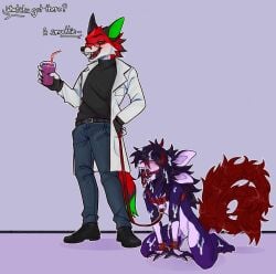 2025 anthro arion_(oarz) ball_gag beverage black_clothing black_ears black_footwear black_nose black_sclera black_shoes black_sweatshirt bodily_fluids bondage bottomwear canid canine clothed clothed/nude clothing colored container countershading cuff_(restraint) cum cum_on_arm cum_on_face cum_on_leg cup denim denim_bottomwear denim_clothing dialogue digital_drawing_(artwork) digital_media_(artwork) dipstick_tail dragon drinking_glass duo english_text eyewear footwear fox fur gag genital_fluids glass glass_container glass_cup glasses gloves_(marking) green_eyes green_inner_ear green_tail_tip handcuffed handcuffs hi_res holding_beverage holding_glass holding_object horn icarly jeans kneeling leash leashed_harness leashed_male long_ears male male/male mammal markings meme metal_cuffs mythological_creature mythological_scalie mythology nickelodeon nude oarz offscreen_character pants petplay purple_body purple_fur red_body red_fur red_horn red_tail restraints roleplay scalie simple_background smoothie tail tail_markings text victor_johansen wearing_glasses white_body white_countershading white_lab_coat