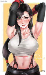 armpits blush breasts erect_nipples erect_nipples_under_clothes female final_fantasy final_fantasy_vii large_breasts midriff navel no_bra sgk suspenders tank_top tifa_lockhart