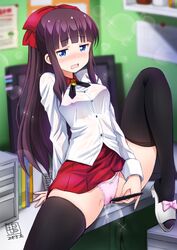 black_legwear bow clothed_masturbation clothing commentary_request female holding kamogawa_tanuki long_hair masturbation new_game! panties pink_panties ponytail pussy_juice shirt sitting skirt solo sparkle stockings takimoto_hifumi thighhighs underwear very_long_hair white_shirt