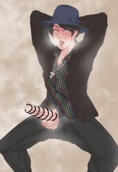 1boy ahe_gao ahegao ahegao_face arms_behind_head balls balls_out black_hair black_hair_male blue_hat blush blush_lines blushing brown_jacket censored censored_penis chain chain_necklace clothed collared_jacket collared_shirt colored cum cumming disaste1960713 drool drooling ejaculation eyes_rolling_back hands_behind_head hat hi_res jacket kamen_rider kamen_rider_zi-o_(series) legs_apart male male_focus male_only mondo_douan motion_lines mouth_open necklace open_mouth open_pants orgasm pants_open penis penis_out polka_dot_shirt presenting question_mark rainbow_shirt saliva shaking_hips solo spotted_shirt squatting sweat sweatdrop sweating tongue tongue_out tremble_spikes trembling trembling_penis twitching twitching_penis