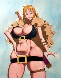 belt big_breasts bra choker female female_only funny_face fur nami_(one_piece) no_panties one_piece shiwasu11 smile sword tongue_out