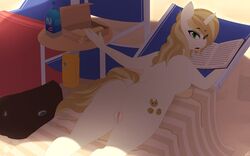 2017 anthro anthrofied ass beach bikini biscuits book breasts clothing cookie equine female food friendship_is_magic horn looking_at_viewer looking_back lying mammal my_little_pony nude pussy replica_(artist) seaside solo sweet_biscuit_(mlp) swimsuit unicorn