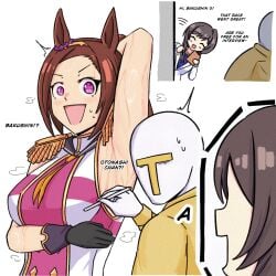 1boy 2girls animal_ears armpit_fetish armpits arms_up bakushin_o_armpit_gif_(meme) blush brown_hair caught embarrassed female horse_ears johnholl0w kemonomimi male presenting_armpit sakura_bakushin_o_(umamusume) sweat sweaty trainer_(umamusume) umamusume umamusume_pretty_derby