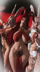 3d 3girls big_breasts blue_eyes breedable_hips commentary_request glasses harem harem_girl harem_outfit long_hair medium_breasts medium_tits needy original_character pink_eyes ready_to_fuck red_hair red_lipstick red_silk redhead_female short_hair sluts thick_thighs viera white_hair white_hair_female wide_hips