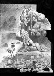 1boy 1girls 2003 artist_signature big_breasts breasts fantasy female large_breasts larger_male male monochrome monster nipples nude simon_bisley size_difference skeleton smaller_female traditional_media_(artwork)