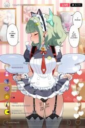 1girls angels_of_delusion blush body_writing dialogue embarrassed garter_straps hoyoverse lifting_skirt live_stream livestream maid maid_headdress maid_outfit maid_uniform mihoyo pantheon_eve panties pantyshot streaming sunna_(afternoon_tea_break)_(zenless_zone_zero) sunna_(zenless_zone_zero) text upskirt zenless_zone_zero