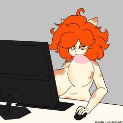 animated anthro belly big_breasts breast_grab breast_play breast_suck breasts computer_monitor domestic_cat felid feline felis female hand_on_breast huge_breasts mammal navel nipple_fetish nipple_play nipple_suck nipples shaila_best_(skachy) skachy solo sucking