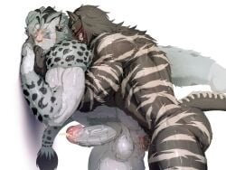 anthro barazoku black_hair bodily_fluids cum cum_in_ass cum_inside duo erection excessive_sweat eyewear felid feline final_fantasy final_fantasy_xiv finger_in_mouth fur genital_fluids genitals glans glasses grey_body grey_fur hair hi_res hrothgar humanoid_genitalia humanoid_penis male male/male male_penetrated male_penetrating male_penetrating_male mammal muscular muscular_anthro muscular_male mymu666 nude_male penetration penis round_glasses saliva sex square_enix tail wearing_glasses