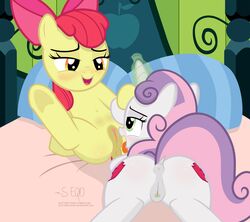 2017 absurd_res animal_genitalia animal_pussy apple_bloom_(mlp) bed blush clitoral_winking clitoris cutie_mark duo earth_pony equine equine_pussy female feral friendship_is_magic hair hi_res horn horse inside lying magic mammal masturbation multicolored_hair my_little_pony on_back on_bed pillow pony pussy shutterflyeqd sweetie_belle_(mlp) tongue tongue_out unicorn