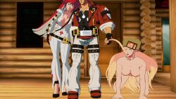 1boy 2girls 3d ahe_gao breasts breasts_out collar dog_play doggy_style drooling grabbing guilty_gear guilty_gear_strive holding_object jack-o'_valentine lolikill millia_rage pussy_juice_drip sol_badguy tongue_out