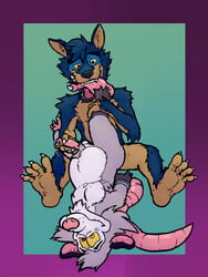 2017 4_fingers anthro azul_(artist) balls biped bondage bound canine claws duo erection foot_fetish foot_lick fur handjob licking male mammal marsupial nude open_mouth opossum paws penis sex simple_background toes tongue tongue_out wolf yaoi