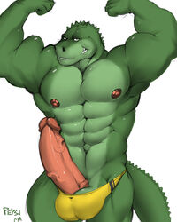 2011 abs alligator anthro balls biceps big_muscles big_penis biped clothed clothing crocodilian cursedmarked digital_media_(artwork) erection flexing front_view glans green_balls green_scales green_tail half-length_portrait humanoid_penis ivan_coleman long_penis looking_at_viewer male male_only muscular muscular_male nipples pecs penis pepsi_(fa) pink_nipples pink_penis poking_out portrait pose reptile scales scalie signature simple_background smile smirk snout solo standing topless underwear vein veiny_penis white_background yellow_bottomwear yellow_clothing yellow_underwear