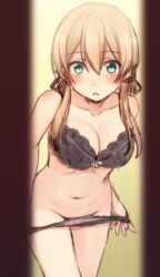 :o anchor_hair_ornament bare_arms bare_shoulders black_bra black_panties black_underwear blonde_hair blush bra breasts changing_room clavicle cleavage cowboy_shot eyebrows_visible_through_hair female female fitting_room green_eyes groin hair_between_eyes hair_ornament kantai_collection large_breasts leaning_forward lingerie long_hair low_twintails medium_breasts nagami_yuu navel no_headwear open_mouth pantsu panty_pull prinz_eugen_(kantai_collection) pulled_by_self solo standing stomach tareme tied_hair twintails underwear underwear_only undressing