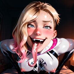 ai_generated blonde_hair cum cum_in_mouth gwen_stacy heroine long_tongue marvel multicolored_hair nipples sharp_teeth spider-gwen spider-man_(series) spiderverse suit sweat symbiote undercut