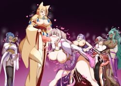 1girls 5futas alternate_costume animal_ears animal_genitalia arm_grab ass blonde_hair bouncing_breasts camilla_(fire_emblem) canine_penis cleavage cum cum_everywhere cum_in_mouth cum_inside cumshot drooling fanning_self fellatio female fire_emblem fire_emblem_fates fire_emblem_heroes from_behind futa_on_female futa_on_futa futadom futanari grey_hair hair_over_one_eye hanging_breasts heimdallr_(fire_emblem) huge_cock kimono kmkz-art knotted_penis leaking_cum nidhoggr_(fire_emblem) oral selkie_(fire_emblem) thighhighs vali_(fire_emblem) velouria_(fire_emblem) wolf_ears