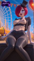 ai_generated aiuniverse56 black_jacket breasts breasts_out cameltoe domino_mask drool green_eyes hat ladybug_&_cat_noir:_the_movie medium_breasts midriff miraculous:_tales_of_ladybug_and_cat_noir miraculous_ladybug navel nipples pantyhose red_hair red_lipstick short_hair short_jacket stable_diffusion stockings the_magician tongue tongue_out unbuttoned_jacket wide_hips