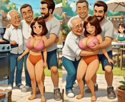 1girls 3boys 3men age_difference ai_generated backyard barefoot bbq big_breasts bikini_top breast_grab breast_squeeze brown_eyes brown_hair cleavage cute_face dora_marquez dora_the_explorer family grandfather groping groping_breast groping_breasts groping_from_behind implied_incest large_breasts mature_body middle_aged middle_aged_man mother mother_watching_daughter multiple_boys multiple_males old_man older_male older_male_and_younger_female outfit_variant outside playful short_hair swimsuit swimwear tan_body tan_skin