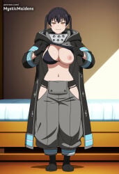 1girl breasts nipples flashing solo large_breasts black_hair baggy_pants gloves one_breast_out twintails coat navel pants swimsuit bikini open_coat grey_pants lifted_by_self black_coat black_footwear looking_at_viewer hip_vent black_bikini standing patreon_username full_body open_clothes indoors clothes_lift cleavage smile black_gloves yellow_eyes shirt_lift long_sleeves boots :3 bed orange_eyes web_address ai_generated anime anime_style hentai hi_res mystic_maidens patreon kotatsu_tamaki tamaki_kotatsu fire_force enen_no_shouboutai en'en_no_shouboutai