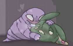 blush bodily_fluids clitoral clitoral_rubbing duo female female/female generation_1_pokemon generation_5_pokemon genital_fluids goo_creature grimer heart_symbol looking_at_another looking_pleasured melting_body nakeilyar nintendo pokemon pokemon_(species) sex simple_background sweat tears tears_of_pleasure tremble_lines trubbish vaginal_fluids