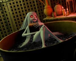 3d_(artwork) animated_skeleton bath bathing bathroom bathtub bone book breasts candle candlelight caught_in_the_act caught_masturbating covering covering_breasts covering_crotch covering_self digital_media_(artwork) embarrassed female hair hi_res holding_book holding_object humanoid karaka_(merafume) knock-kneed light long_hair looking_at_viewer lorded masturbation not_furry nude open_mouth partially_submerged red_eyes rib_cage shocked skeleton skull solo undead water white_body white_hair