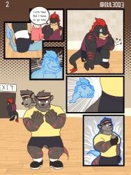 3:4 absurd_res accessory anthro bottomwear brown_body brown_fur clothing dragon emmanuelin_(emmanuelin13) english_text fur ghost hair headband hi_res luey_(emmanuelin13) male mammal multicolored_body mustelid mythological_creature mythological_scalie mythology otter overweight overweight_anthro overweight_male possession red_hair red_spikes red_tattoo scalie shirt shorts spirit tank_top tattoo text topwear