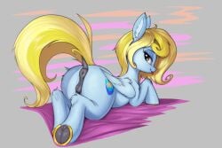 2026 3:2 animal_genitalia animal_vulva anus ass blonde_hair blue_body blue_fur cutie_mark dock_(anatomy) equid equine equine_anus equine_genitalia equine_vulva fan_character female female_feral feral fur genitals hair hasbro hooves horse looking_at_viewer looking_back looking_back_at_viewer lying mammal my_little_pony mythological_creature mythological_equine mythology on_front pegasus pony porcelain_wave_(porcelon) presenting presenting_hindquarters quadruped raised_tail shydale simple_background solo tail tan_eyes tongue tongue_out underhoof wings yellow_tail