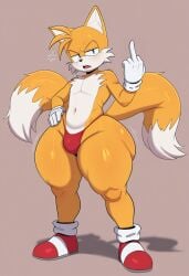 1boy ai_generated annoyed anthro barely_clothed big_ass big_ass_(male) big_booty big_butt big_butt_(male) blue_eyes bulge dipstick_tail fat_ass femboy fox furry gloves hi_res high_resolution highres huge_ass huge_butt huge_hips huge_thighs kovasfox male middle_finger miles_tails_prower sega shoes skimpy solo sonic_(series) sonic_the_hedgehog_(series) tails tails_the_fox thick_hips thick_thighs thong voluptuous_male yellow_fur