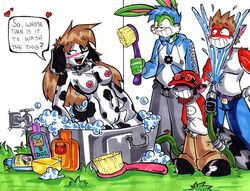 arthropod breasts brush bucket canine character_request charlie_(duckdraw) clothing collar dalmatian duckdraw ear_piercing female fox hair hose insects jacket lagomorph male mammal nipples nude original original_character original_characters pants piercing pussy rabbit raccoon shampoo shirt smile water