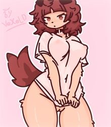 1girls accessory animal_ears animal_tail animation_meme_community artist_name blush bottomless breasts brown_hair bushy_tail canine curvy_hair digital_art dog_girl dog_humanoid dog_tail fan_art fanart female fur looking_at_viewer meme mimi_(typh) navel_visible_through_clothed nipples_visible_through_clothing no_panties nsfw nude_anthro nude_bottom nude_female pink_background pulling_shirt_down pussy see-through see-through_clothing self_upload semi-transparent semi-transparent_top short_sleeves simple_artstyle simple_background solo solo_anthro solo_female standing standing_position t-shirt_only tagme thick_thighs uncensored uncensored_nipples uncensored_pussy vexeld watermark white_t-shirt