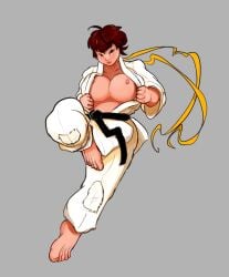 1girls barefoot big_breasts black_belt breasts breasts_out brown_hair dougi female flashing flashing_breasts full_body karate_gi large_breasts makoto_(street_fighter) nekozumia nipples no_bra short_hair solo street_fighter tomboy undressing