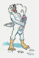 2017 anthro avian azul_(artist) balls beak big_penis biped bird cum cum_in_own_mouth cum_inside cum_on_face cum_on_tongue erection feathers holding_penis humanoid_penis hyper hyper_penis male male_only masturbation nipples nude open_mouth orgasm penis seagull sex simple_background solo toes tongue_out vein webbed_toes white_background white_feathers