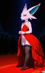 1girls 2026 ai_generated anthro bracelet crowd digitigrade dress ear_piercing eeveelution espeon fancy_clothing female female_only flat_chest generation_2_pokemon gold_jewelry half-closed_eyes hi_res innie_pussy jewelry necklace night nintendo no_panties pokemon pokemon_(species) purple_eyes pussy red_carpet side_view thighhighs unamused walking zonoya_(artist)