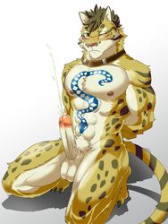 1boy 2018 alternate_version_at_source amber_eyes anthro balls blush closed_eyes cum cumshot ejaculation erection feline fur humanoid_penis leopard likulau looking_at_viewer male male_only mammal muscular muscular_male nekojishi nude orgasm penis simple_background solo tattoo vein veiny_penis weedwolf white_background