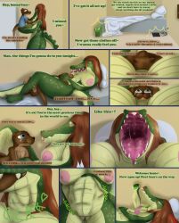 absurd_res alcohol alligator alligatorid anthro ass beer beverage beverage_can big_breasts big_butt blue_eyes bodily_fluids breasts brown_eyes color_coded_text crocodilian duo english_text face_to_face female flightlesslizard genitals hair hi_res larger_female looking_at_another looking_at_partner male male/female mammal mick_(flightlesslizard) mouth_shot muscular mustelid natural_colors nude open_mouth orange_hair organs otter pupils reptile riley_(flightlesslizard) romantic saliva scalie sharp_teeth size_difference slit_pupils smaller_male tears teeth text vore vulva