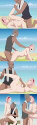 all_fours beach cowgirl_position dark-skinned_male dark_skin doggy_style glasses green_eyes naruto older_male pink_hair sakura_haruno tazuna younger_female