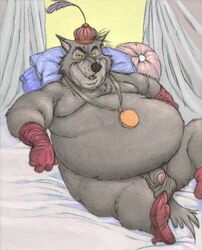 2015 anthro balls bed bed_sheet bedding bedroom_eyes belly big_belly canine clothing disney fat flaccid footwear fur gloves grey_fur half-closed_eyes hat hi_res jewelry kinkycoyote looking_at_viewer lying male_only mammal mostly_nude necklace obese obese_male overweight overweight_male penis pillow robin_hood_(disney) seductive sheriff_of_nottingham smile wolf