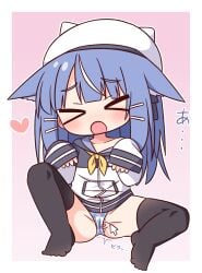 >_< :o animal_ear_fluff animal_ears animal_hat animal_print beret black_thighhighs blue_hair blush borrowed_character cat_print chibi closed_eyes collarbone commentary_request cursor facing_viewer fake_animal_ears female full_body gradient_background hair_ornament hairclip hana_kazari hat highres hood hood_down hooded_jacket jacket long_hair long_sleeves multicolored_hair nia_(ayanepuna) no_pants no_shoes off_shoulder open_mouth original panties pink_background print_panties sexualized_chibi sleeves_past_wrists spread_pussy spread_pussy_under_clothes streaked_hair thighhighs underwear very_long_hair white_hair white_hat white_jacket white_panties