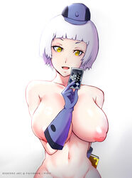 breasts elizabeth_(persona) female female_only gloves hat inverted_nipples large_breast megami_tensei navel nipples nude open_mouth persona persona_3 redzoneart short_hair smile solo uncensored white_hair yellow_eyes