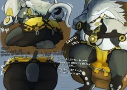 accidental_facesitting ass banyue_(zenless_zone_zero) clothing dialogue drstrangeluvve duo english_text faceless_character faceless_human faceless_male facesitting felid furniture hi_res human jacket jacket_around_waist lion male male/male mammal muscular muscular_male onomatopoeia pantherine robot_anthro sitting sitting_on_another sofa sound_effects tail text topwear