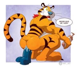 2014 anal anal_masturbation anal_sex anthro anti_dev ass biceps dialogue dildo dildo_sitting english_text feline frosted_flakes fur hi_res looking_back lube male male_only mammal mascot masturbation muscular nude penetration raised_tail rear_view sex_toy solo stripes text tiger tony_the_tiger toying_self yellow_sclera