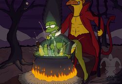 1girls blargsnarf cauldron cum devil devil_flanders erection green_skin halloween implied_penetration implied_sex marge_simpson ned_flanders sex spade_tail tail the_simpsons treehouse_of_horror trident witch witch_hat