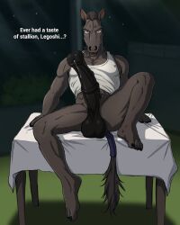 4:5 abs animal_genitalia animal_penis anthro athletic athletic_male balls beastars big_penis bottomless clothed clothing dream_and_nightmare equid equine equine_genitalia equine_penis erection furniture genitals hi_res horse male mammal on_table pecs penis shirt table tank_top topwear yahya_(beastars)