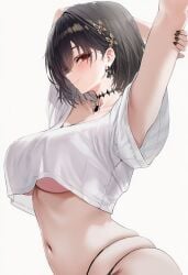 1girls :o armpits arms_up azur_lane barefoot black_choker black_hair black_nails black_panties breasts bug chair chien_wu_(azur_lane) choker coffee_mug crop_top cup desk drawing_tablet female hair_ornament holding holding_stylus large_breasts mole mole_under_eye mug official_alternate_costume panties pencil red_eyes sitting solo spider stylus thighs underwear window